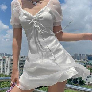 HERMITAKH - Puff-Sleeve V-Neck Tie-Front Mesh Mini A-Line Dress